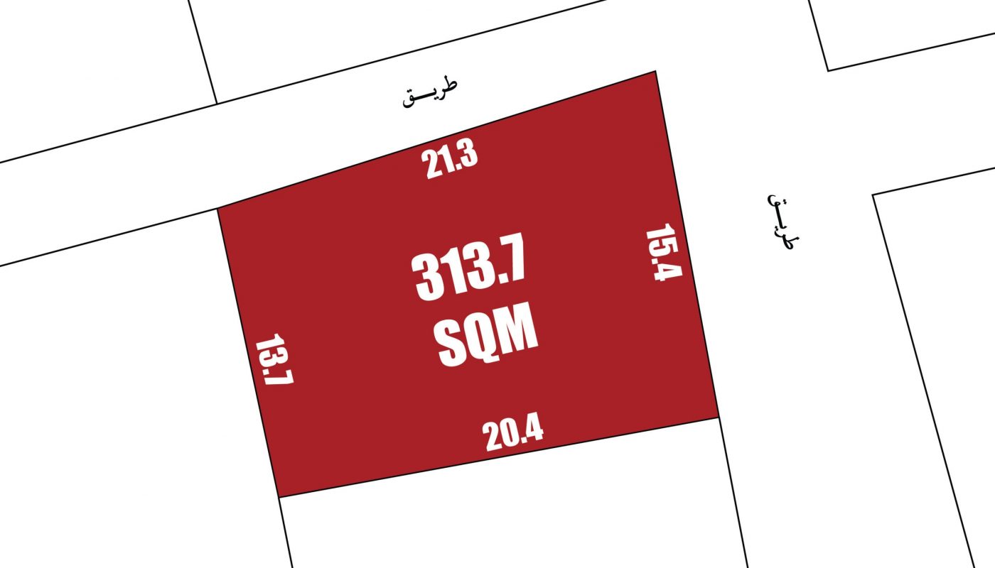 Plot map showing a red irregular quadrilateral labeled "313.7 SQM" with side lengths 21.3, 15.4, 20.4, and 13.7. Streets are shown on the top and right sides.
