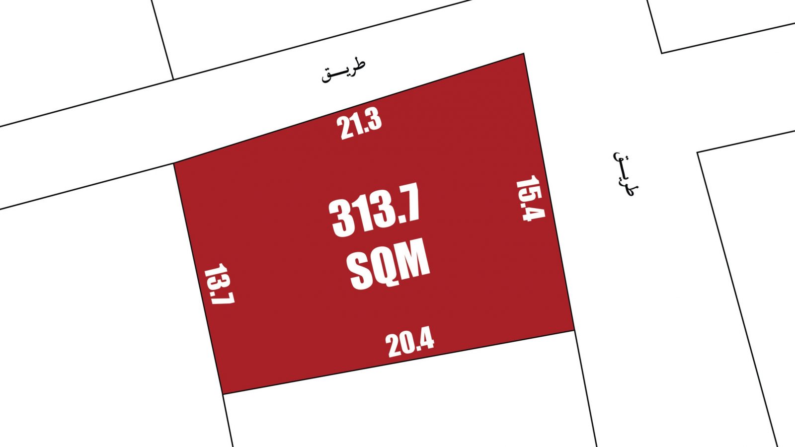 Plot map showing a red irregular quadrilateral labeled "313.7 SQM" with side lengths 21.3, 15.4, 20.4, and 13.7. Streets are shown on the top and right sides.