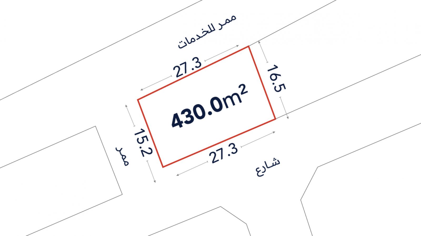 A plot of land outlined in red with labeled dimensions 27.3m by 16.5m, area 430.0 m², and Arabic text indicating adjacent roads.