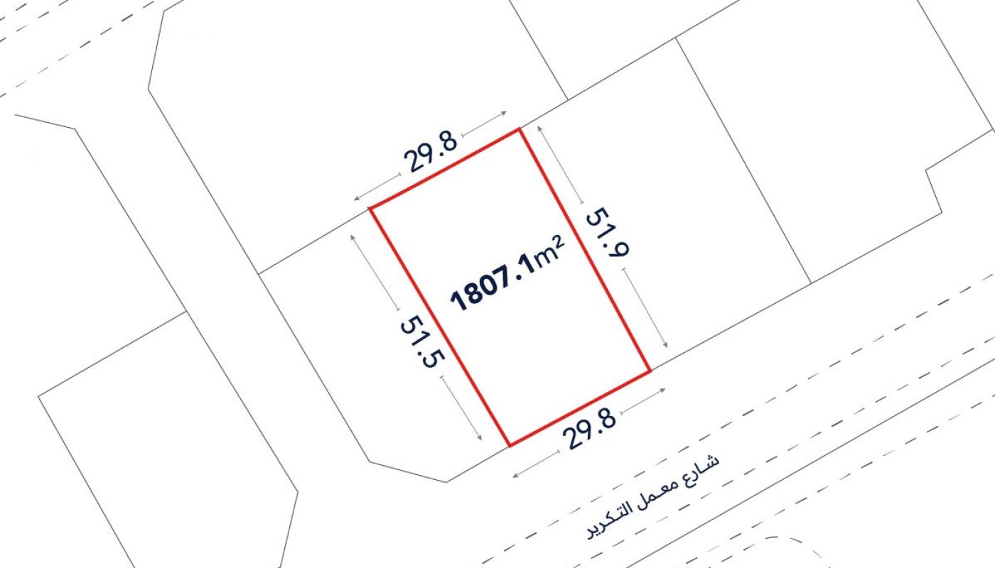 A plot map showing a rectangular land parcel outlined in red, measuring 1807.1 square meters with labeled side lengths of 29.8 and 51.9 meters.