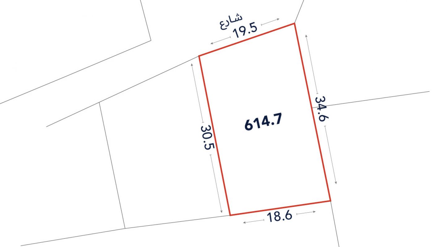 A rectangular plot outlined in red with area labeled 614.7; sides measure 19.5, 34.6, 18.6, and 30.5 units. One side is labeled as "شارع" (street).