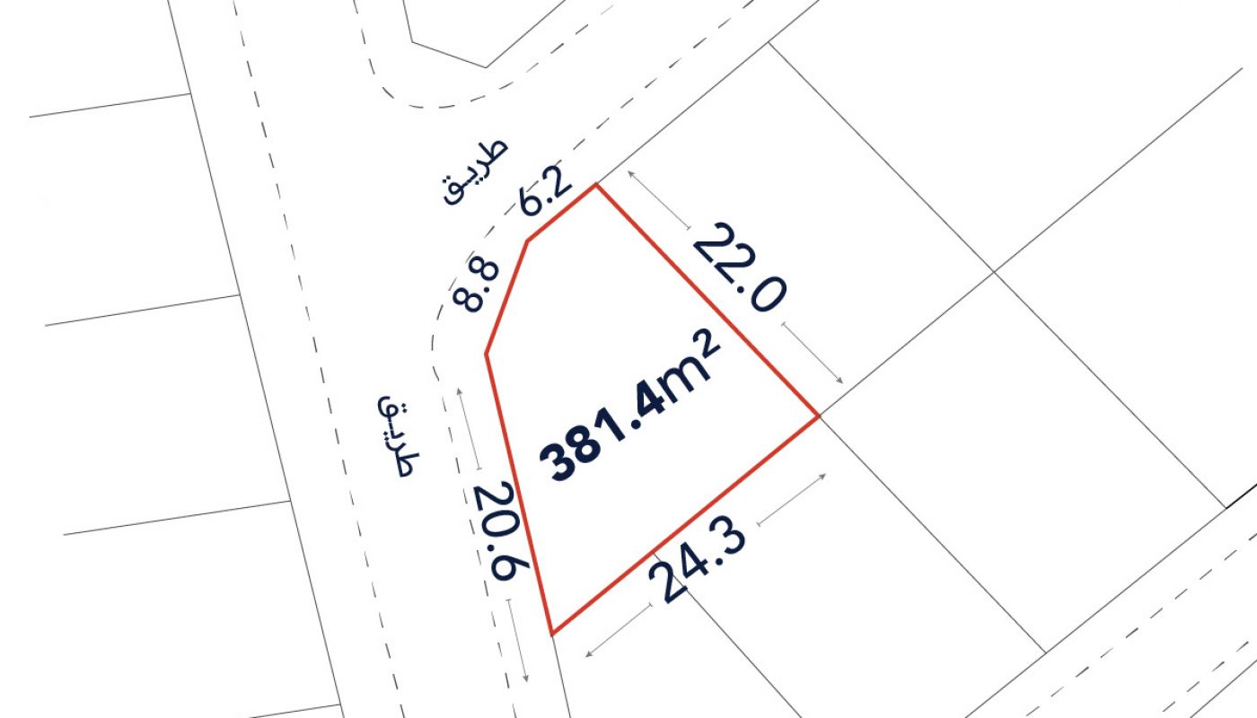 A plot of land outlined in red, labeled 381.4 m², with sides measuring 8.8, 6.2, 22.0, and 24.3 meters, located at the intersection of two roads.