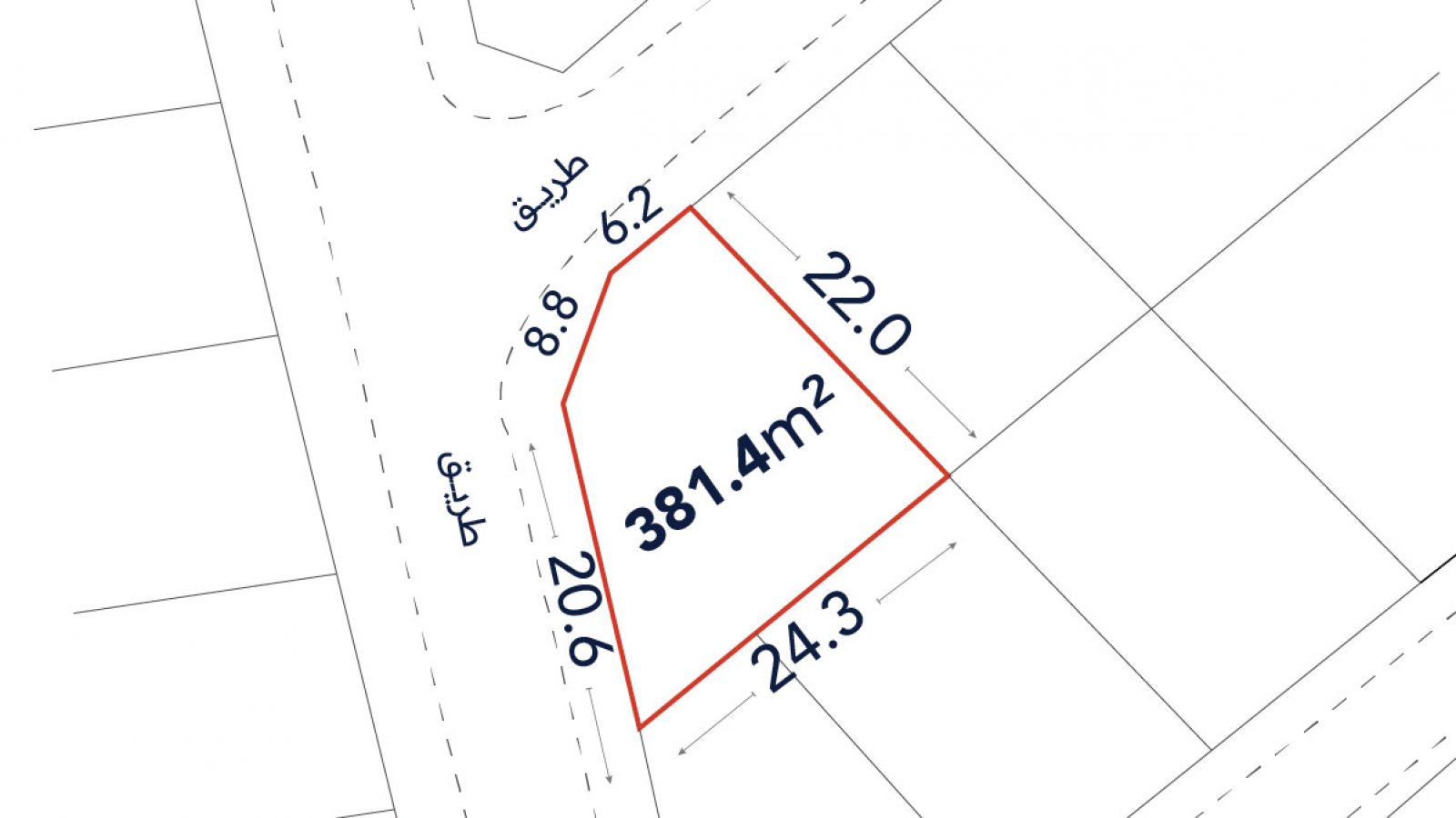A plot of land outlined in red, labeled 381.4 m², with sides measuring 8.8, 6.2, 22.0, and 24.3 meters, located at the intersection of two roads.