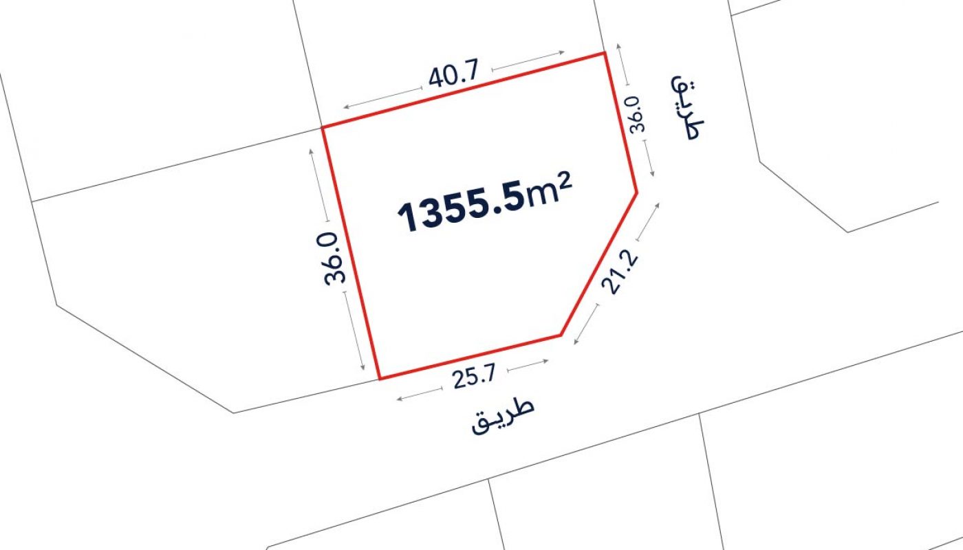 A plot of land outlined in red with labeled dimensions and area of 1355.5 square meters, bordered by roads labeled in Arabic.