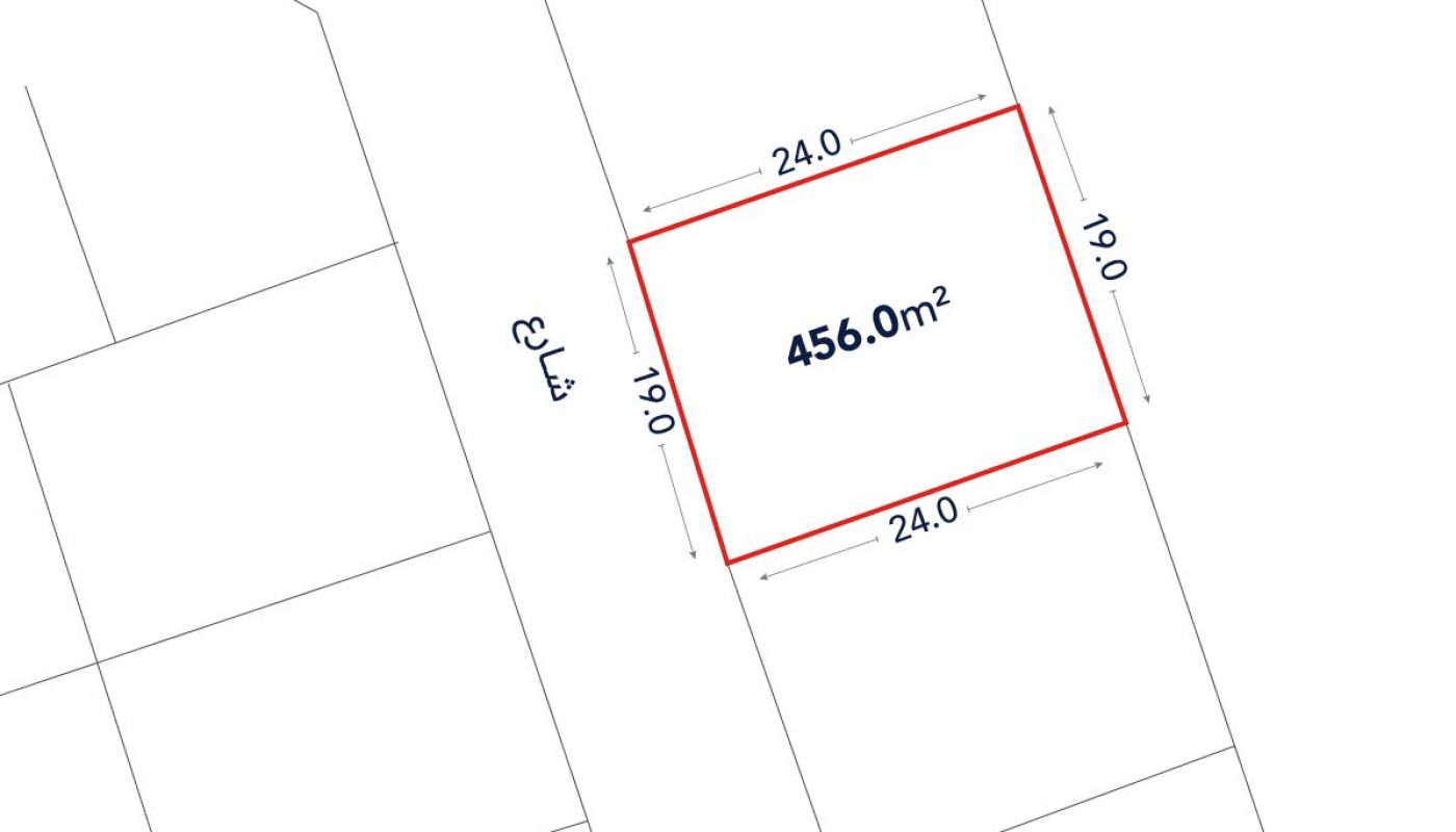 A rectangular land plot outlined in red, measuring 456.0 square meters, with sides of 24.0m and 19.0m shown, adjacent to a street labeled in Arabic.