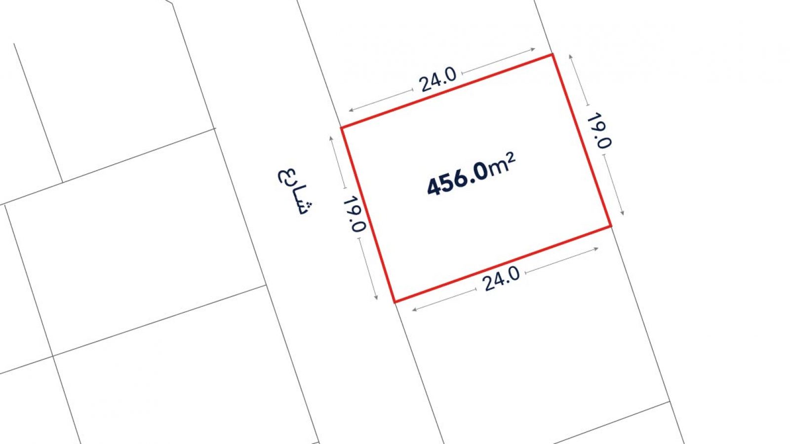 A rectangular land plot outlined in red, measuring 456.0 square meters, with sides of 24.0m and 19.0m shown, adjacent to a street labeled in Arabic.