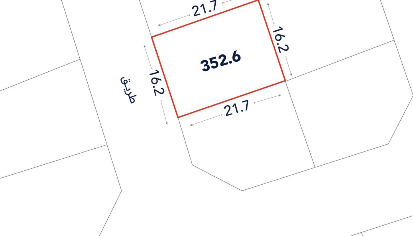 A plot diagram showing a rectangular land parcel outlined in red with dimensions 21.7 by 16.2 meters and an area of 352.6 square meters. Arabic text labels the adjacent street.