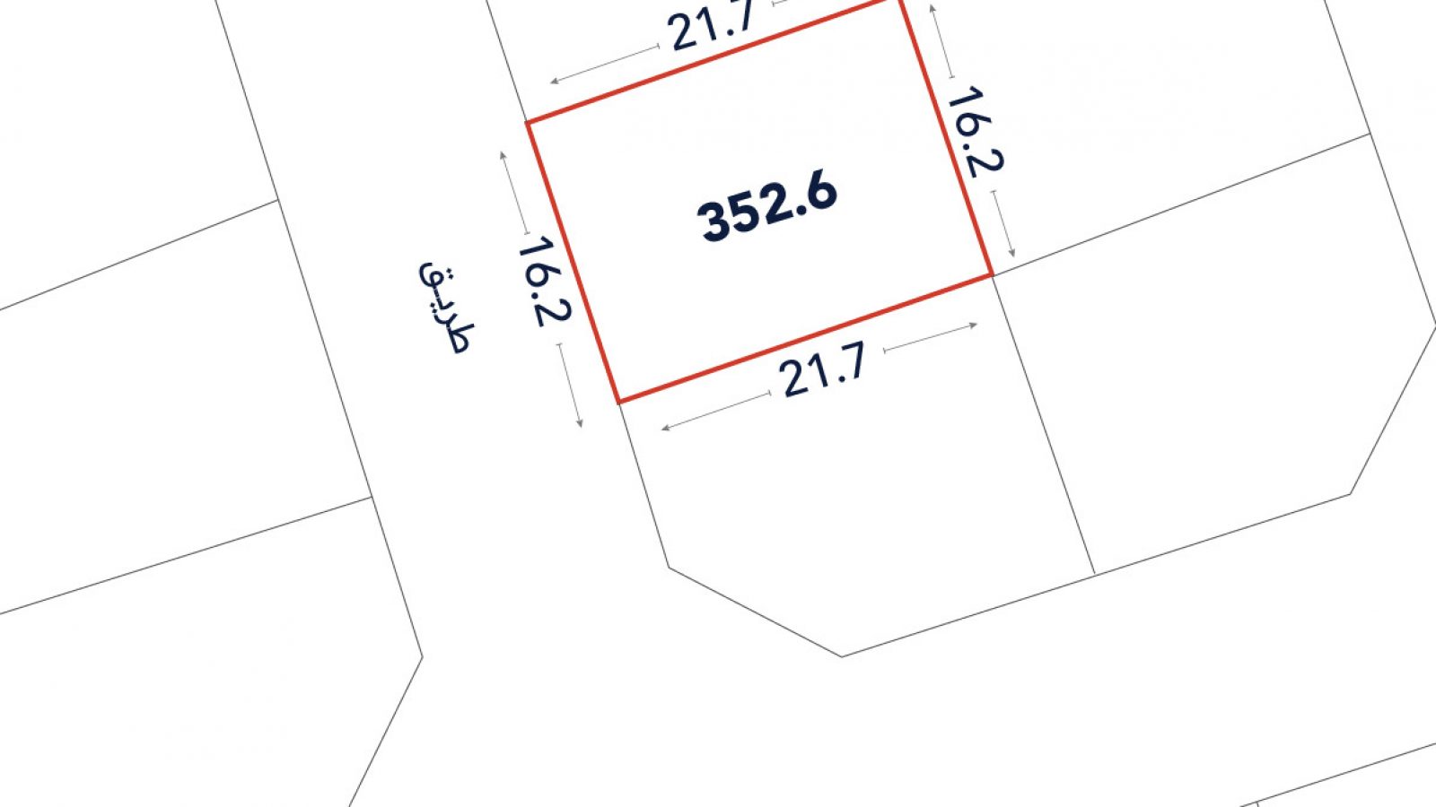 A plot diagram showing a rectangular land parcel outlined in red with dimensions 21.7 by 16.2 meters and an area of 352.6 square meters. Arabic text labels the adjacent street.