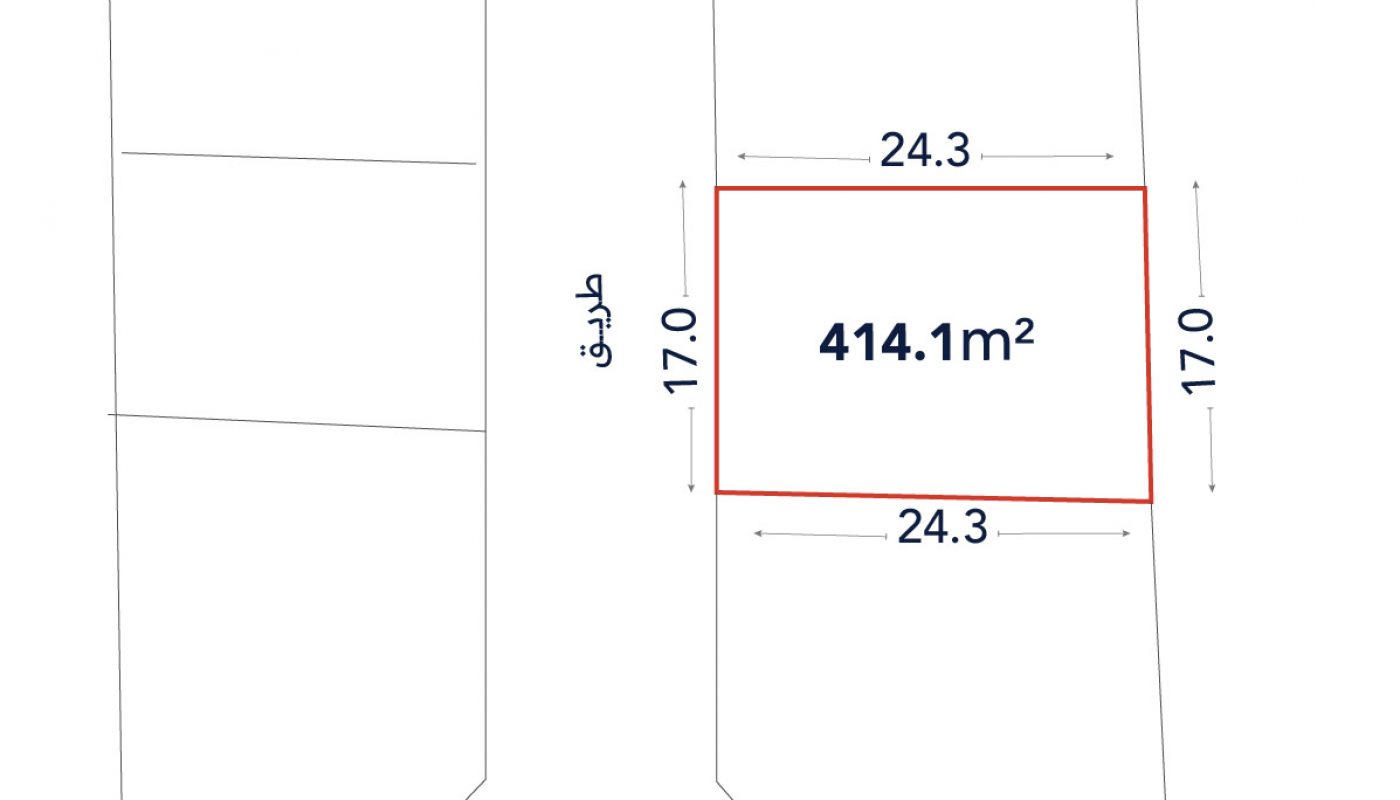 A rectangular plot outlined in red measures 24.3m by 17.0m, with an area of 414.1 square meters, adjacent to a road labeled in Arabic.