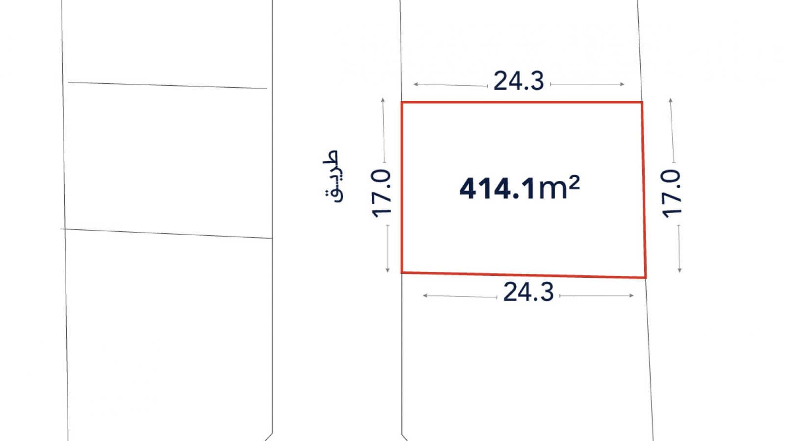 A rectangular plot outlined in red measures 24.3m by 17.0m, with an area of 414.1 square meters, adjacent to a road labeled in Arabic.