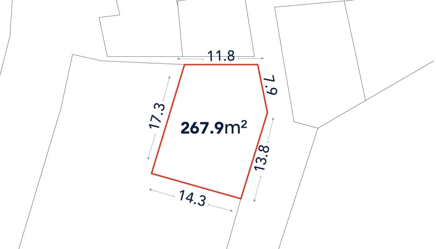 Diagram of an irregularly shaped land plot outlined in red, labeled 267.9m², with each side’s length indicated in meters.