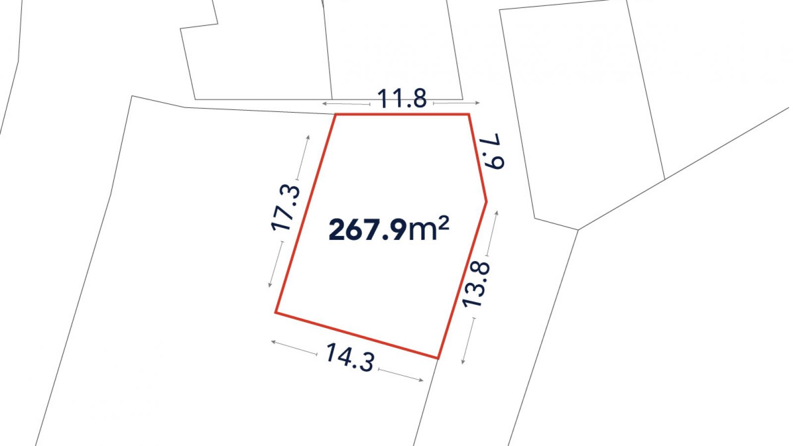 Diagram of an irregularly shaped land plot outlined in red, labeled 267.9m², with each side’s length indicated in meters.
