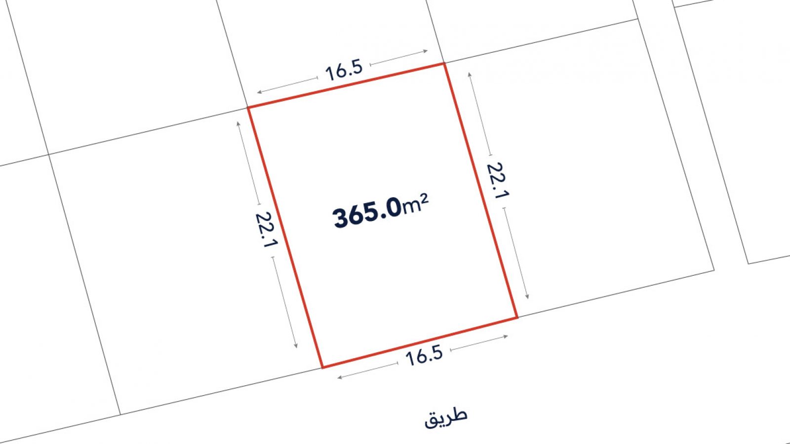A rectangular plot measuring 16.5 by 22.1 meters, with an area of 365.0 square meters, outlined in red on a simple site plan.