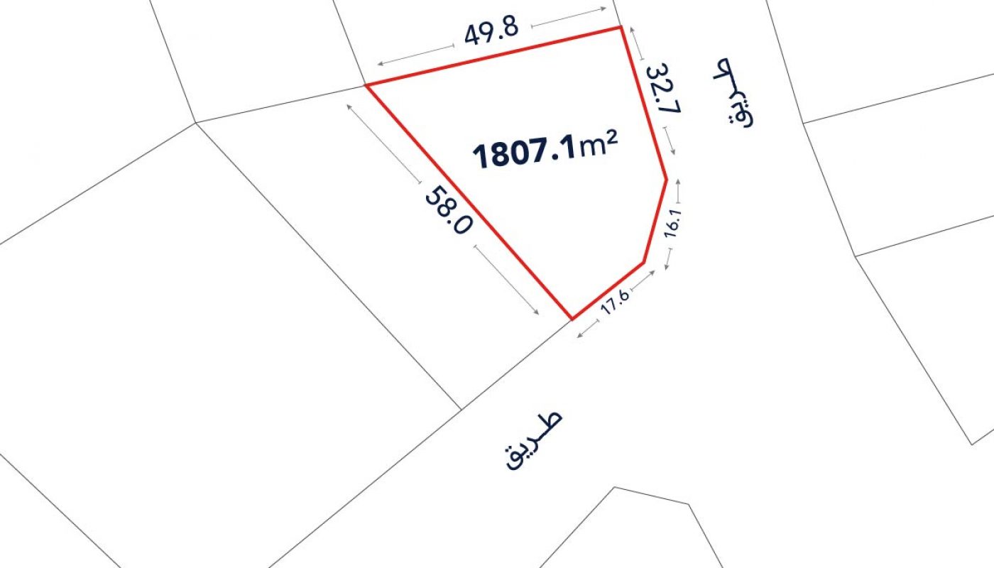 A plot of land outlined in red with an area of 1807.1 m² and side lengths labeled 49.8, 32.7, 16.1, 17.6, and 58.0 meters, adjacent to streets marked in Arabic.