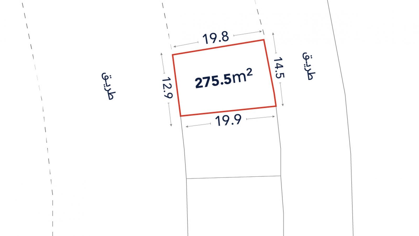 A rectangular land plot outlined in red measures 275.5 square meters, with side lengths labeled 19.8m, 14.5m, 19.9m, and 12.9m; adjacent roads marked in Arabic.