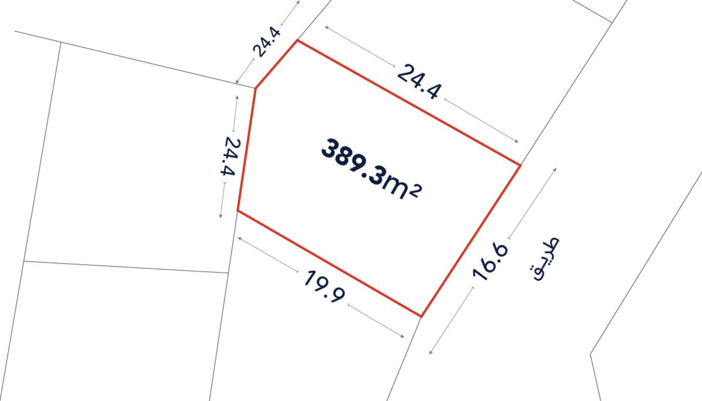 A plot map showing a land area of 389.3 square meters, with boundary lengths of 24.4m, 24.4m, 19.9m, and 16.6m, outlined in red.