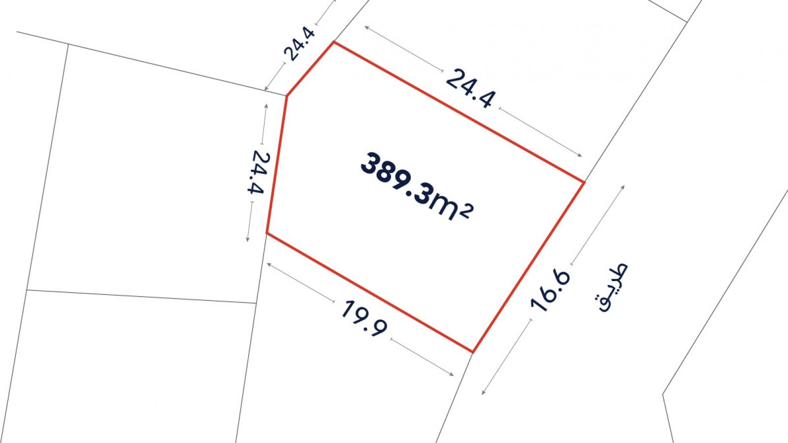 A plot map showing a land area of 389.3 square meters, with boundary lengths of 24.4m, 24.4m, 19.9m, and 16.6m, outlined in red.