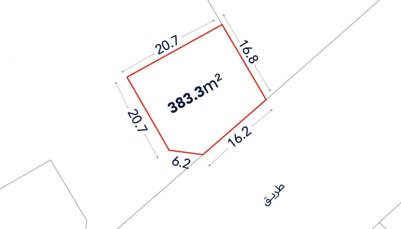 A plot plan showing a land area of 383.3 square meters outlined in red, with side lengths marked and adjacent to a road labeled "طريق" (road).