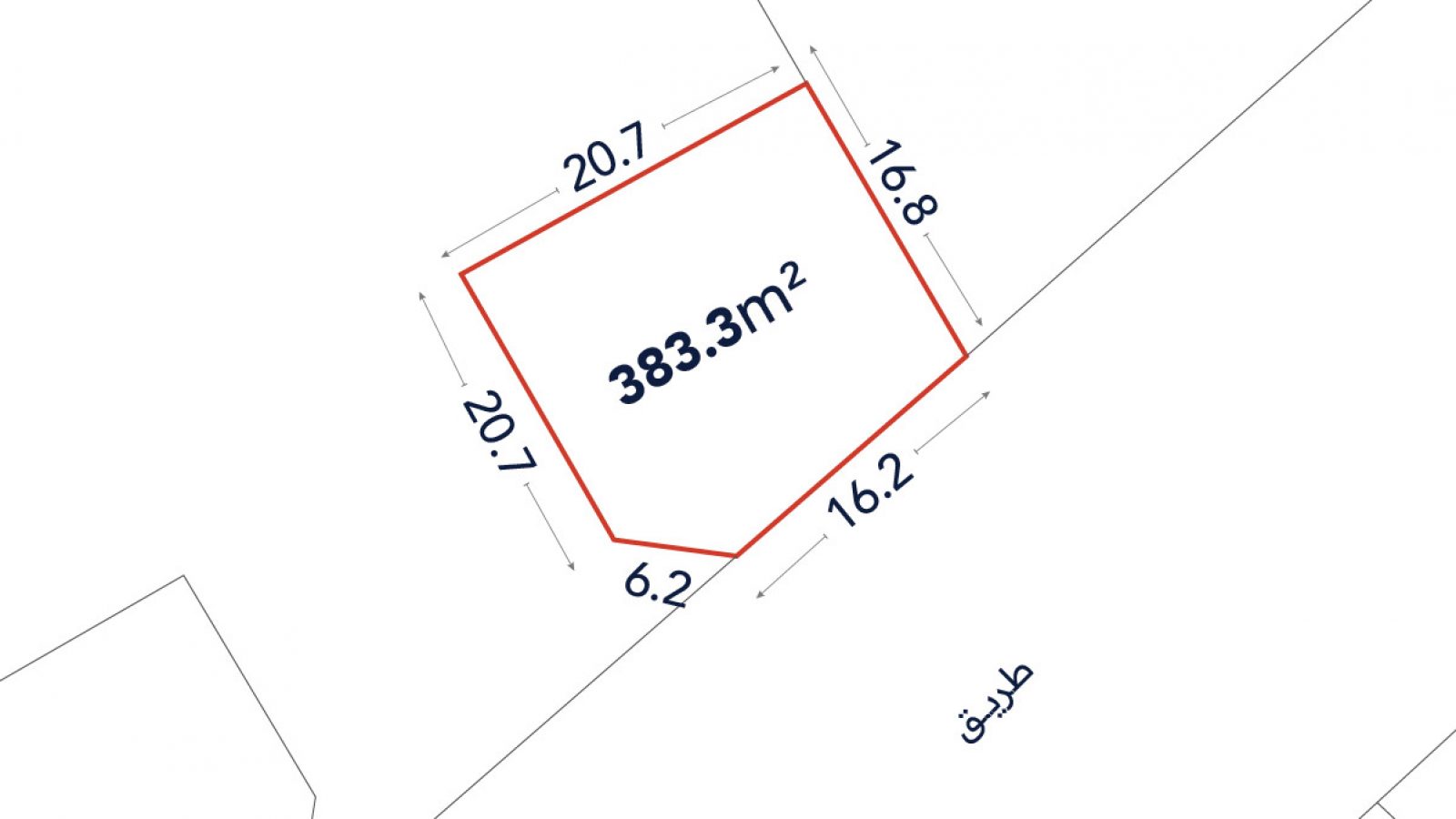 A plot plan showing a land area of 383.3 square meters outlined in red, with side lengths marked and adjacent to a road labeled "طريق" (road).