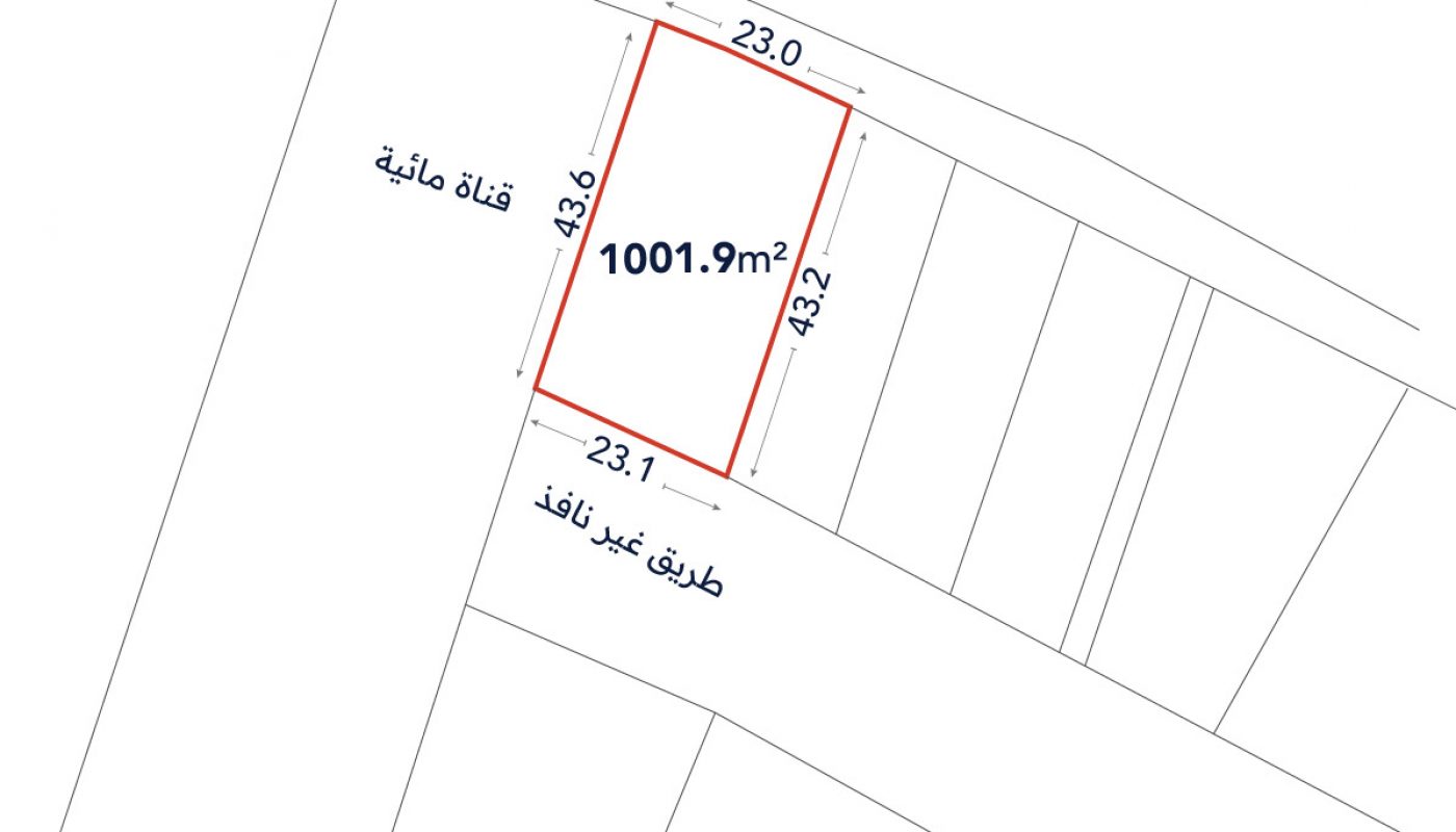 Rectangular land plot diagram labeled 1001.9 m², with dimensions 23.0 m, 43.6 m, 23.1 m, and 43.2 m, bordered by a water canal and an unnamed road.