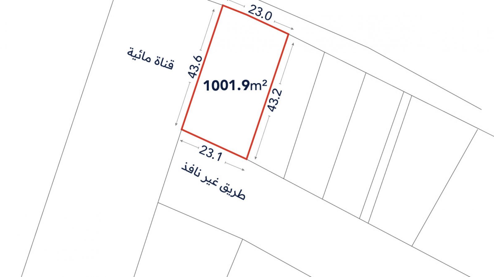 Rectangular land plot diagram labeled 1001.9 m², with dimensions 23.0 m, 43.6 m, 23.1 m, and 43.2 m, bordered by a water canal and an unnamed road.