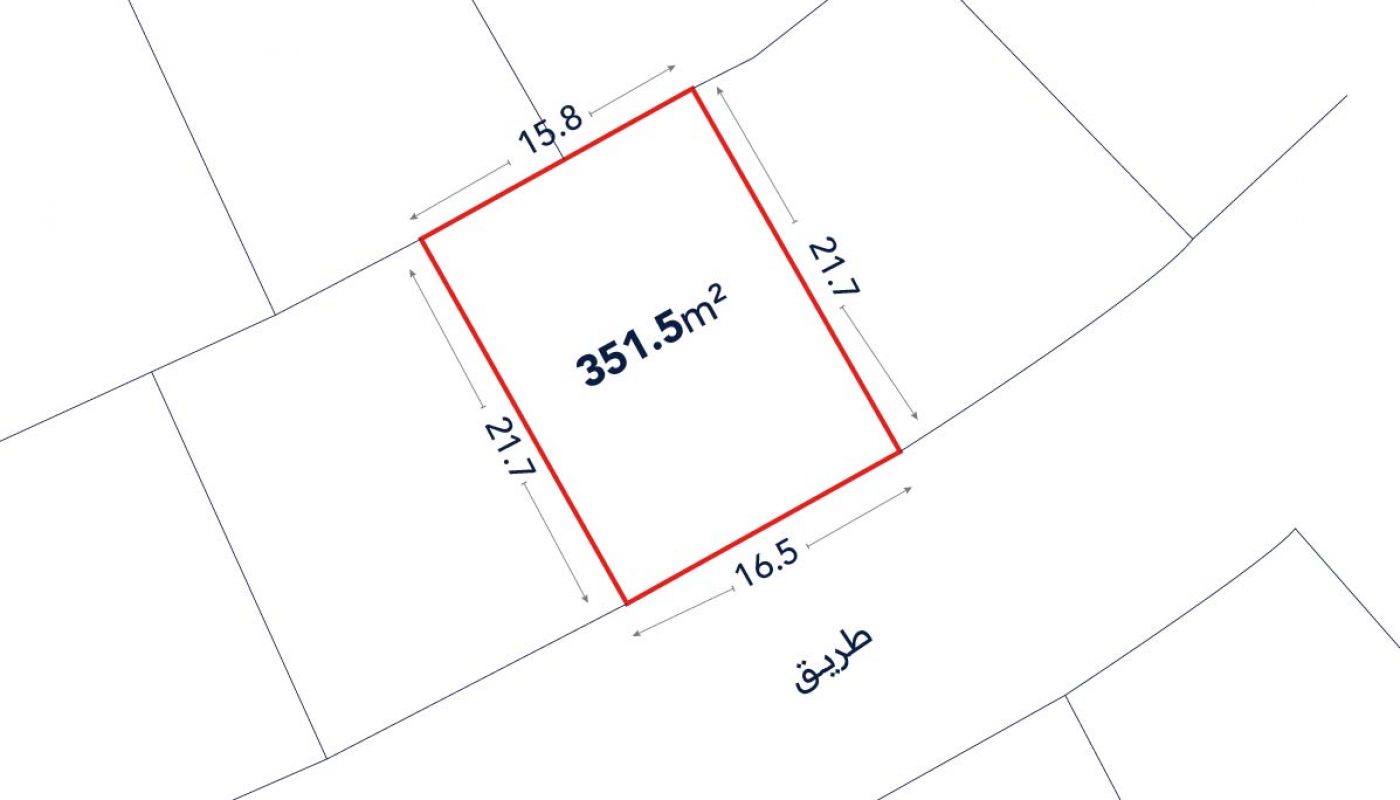 A plot map showing a rectangular land parcel outlined in red, labeled 351.5 m², with side lengths of 15.8 m, 16.5 m, and two sides of 21.7 m, adjacent to a road.
