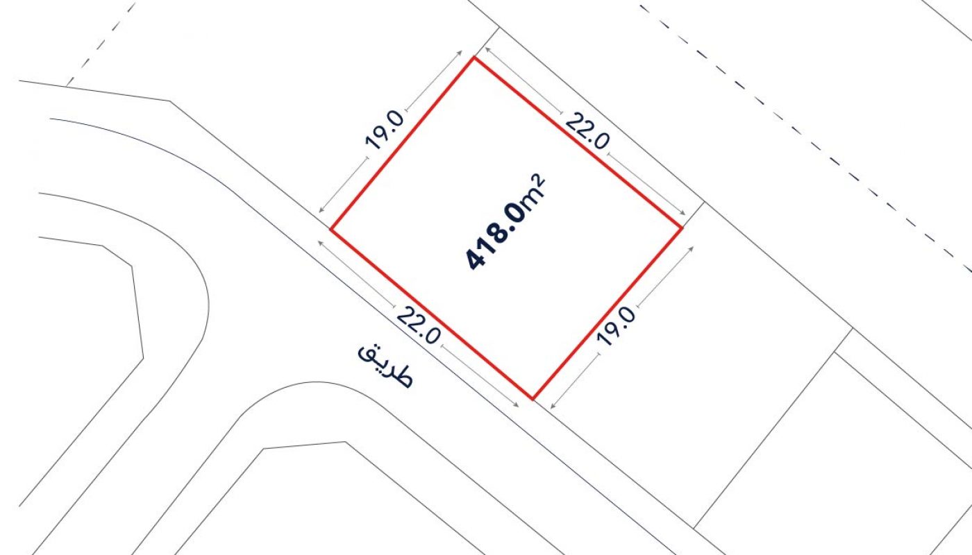 A plot of land outlined in red with dimensions 22.0m x 19.0m and an area of 418.0m², located adjacent to a street.