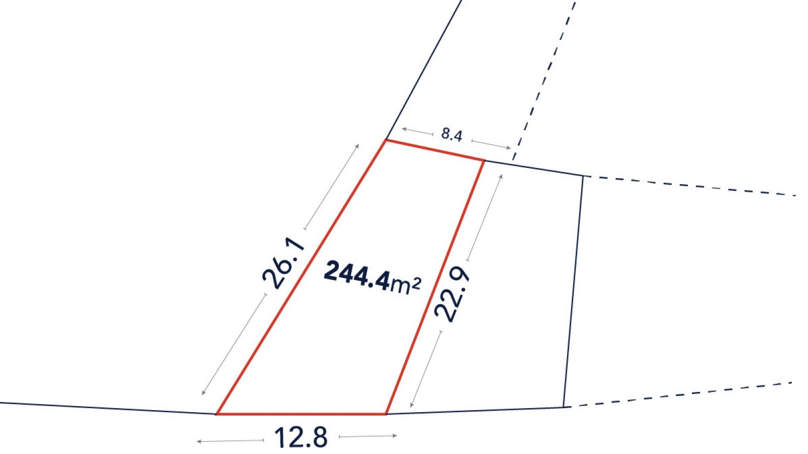 A plot diagram showing a 244.4 square meter land area with sides measuring 26.1m, 22.9m, 12.8m, and 8.4m, labeled with the word "طريق" (road) in Arabic.