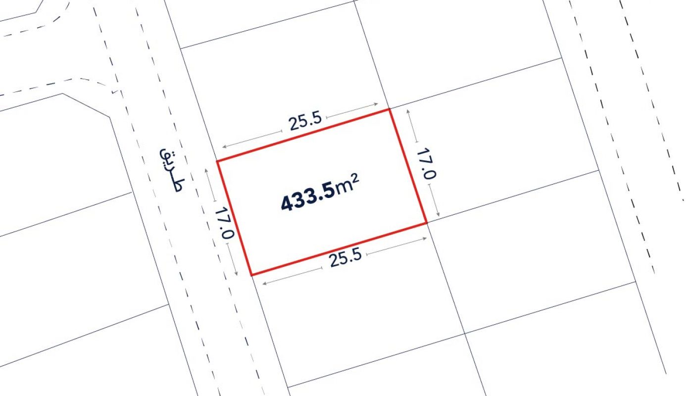 A rectangular plot of land outlined in red, measuring 433.5 square meters, with dimensions 17.0m by 25.5m, shown on a site plan next to a street.