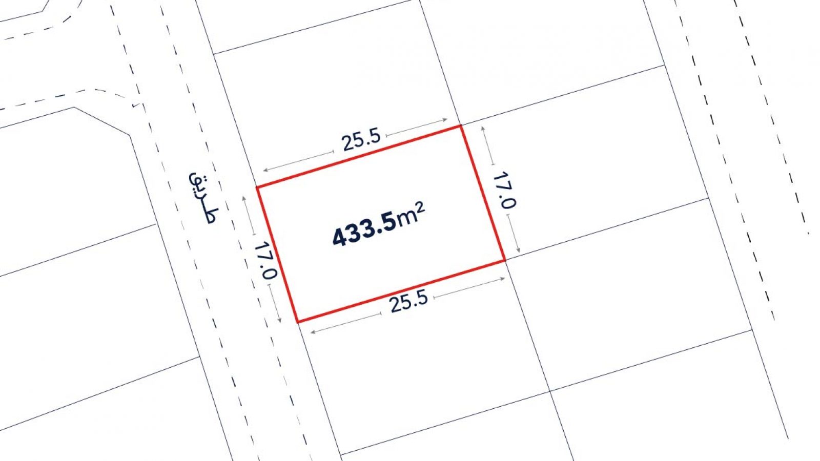 A rectangular plot of land outlined in red, measuring 433.5 square meters, with dimensions 17.0m by 25.5m, shown on a site plan next to a street.