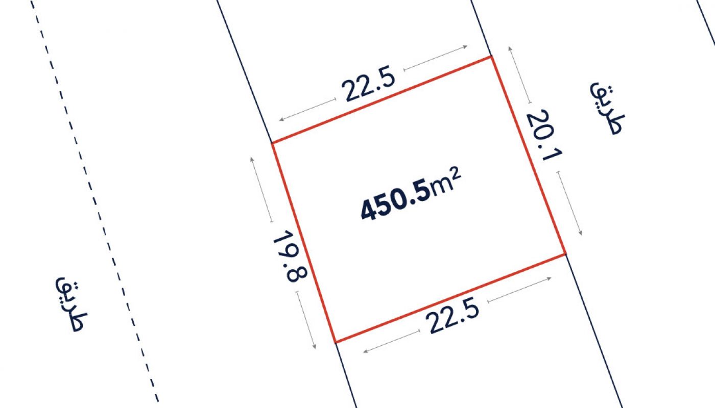 A rectangular plot outlined in red, labeled 450.5 m², with side lengths of 22.5m, 20.1m, 22.5m, and 19.8m shown on a site plan with adjacent lots.
