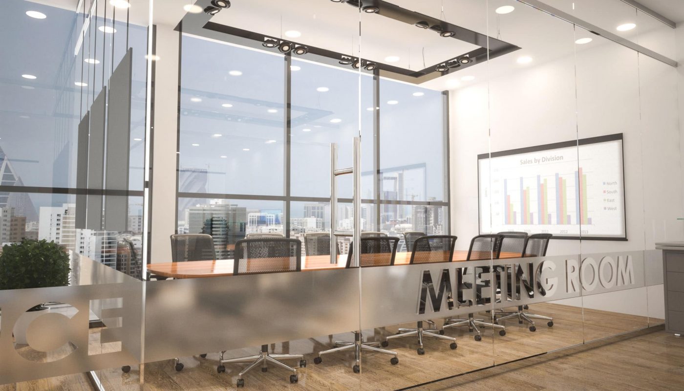 Bright conference room with glass walls available for rent in Seef Area.