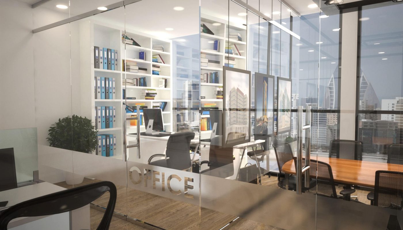 Bright, modern office with glass walls and chairs for rent in the Seef Area.