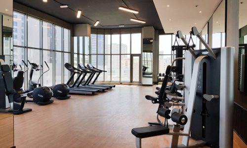 Luxury gym room with large windows and tread machines.