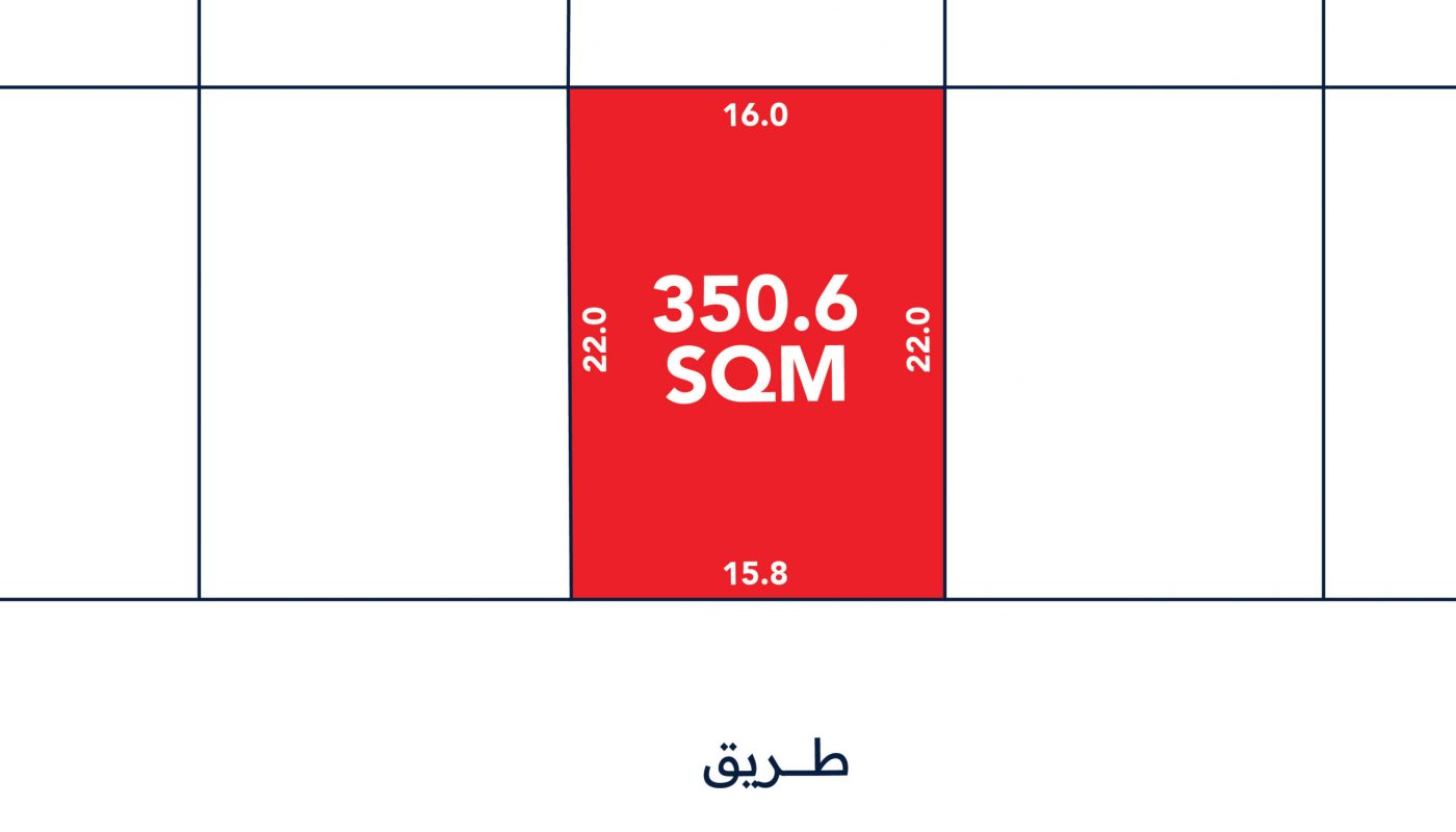 A red rectangle labeled "350.6 SQM" with dimensions 22.0, 16.0, 22.0, and 15.8; Arabic text "طريق" (road) appears below the rectangle.