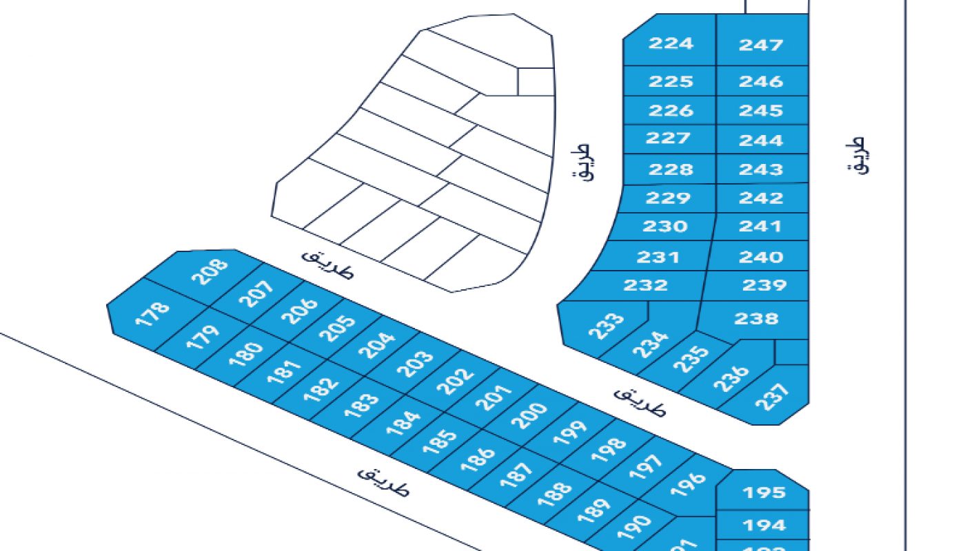 A map showing numbered blue plots arranged along intersecting roads, with adjacent white plots also numbered and outlined.