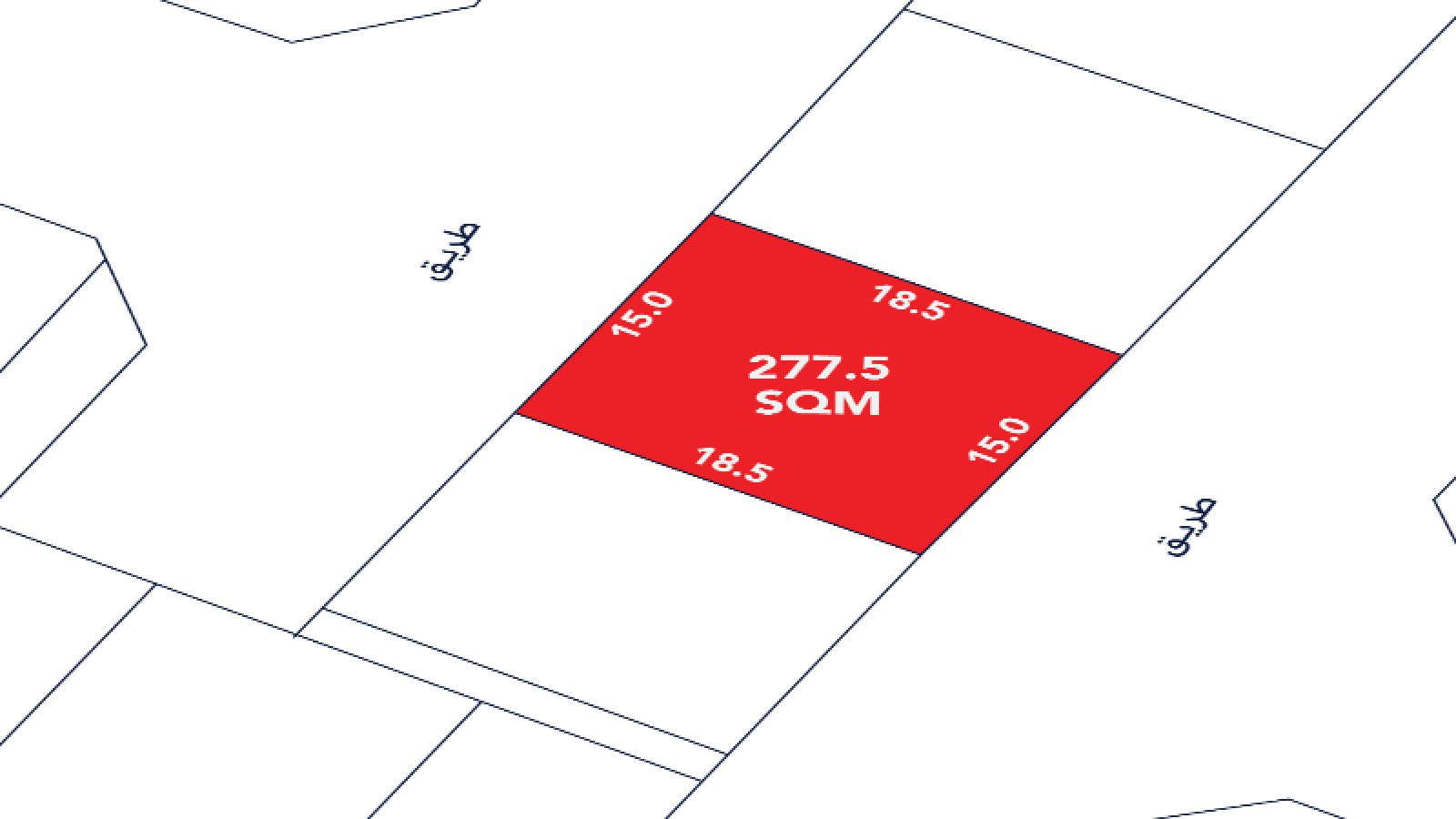 A rectangular plot of land measuring 277.5 square meters, with sides labeled 18.5m and 15.0m, is highlighted in red between two streets on a map.
