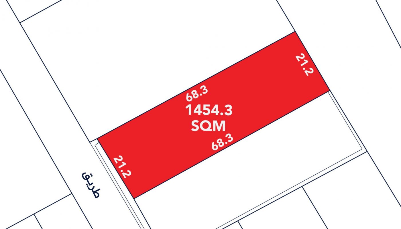 A rectangular plot highlighted in red marked "1454.3 SQM," with dimensions 68.3m by 21.2m shown, surrounded by street and neighboring properties.