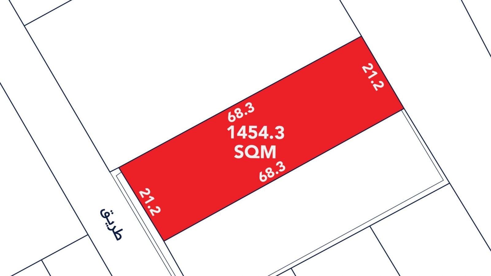 A rectangular plot highlighted in red marked "1454.3 SQM," with dimensions 68.3m by 21.2m shown, surrounded by street and neighboring properties.