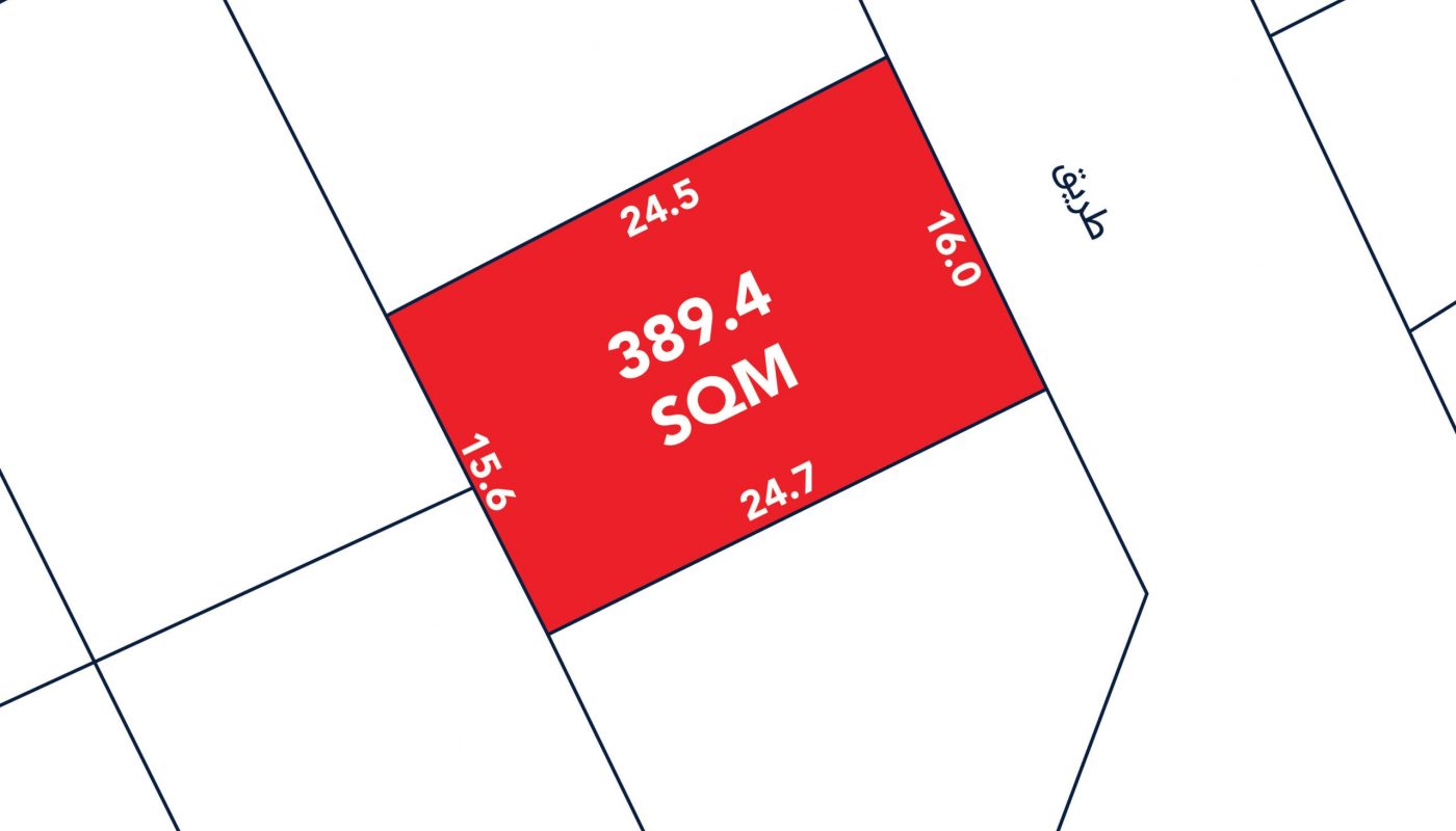 A red rectangular plot of land labeled "389.4 SQM" with dimensions 24.5, 16.0, 24.7, and 15.6 marked on a map with adjacent roads.