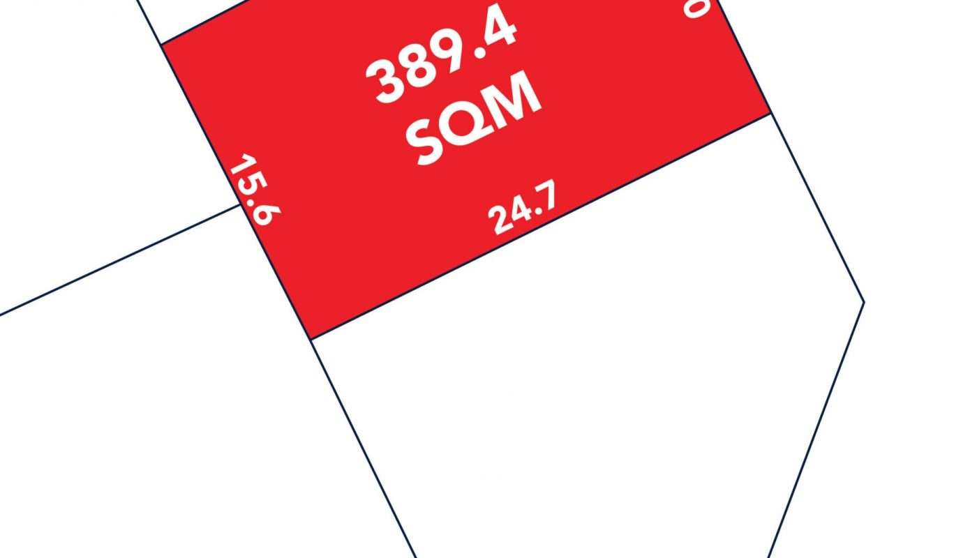 A diagram showing a red rectangular plot labeled 389.4 SQM, with side measurements of 24.5, 24.7, 16.0, and 15.6. Arabic text appears on one side.