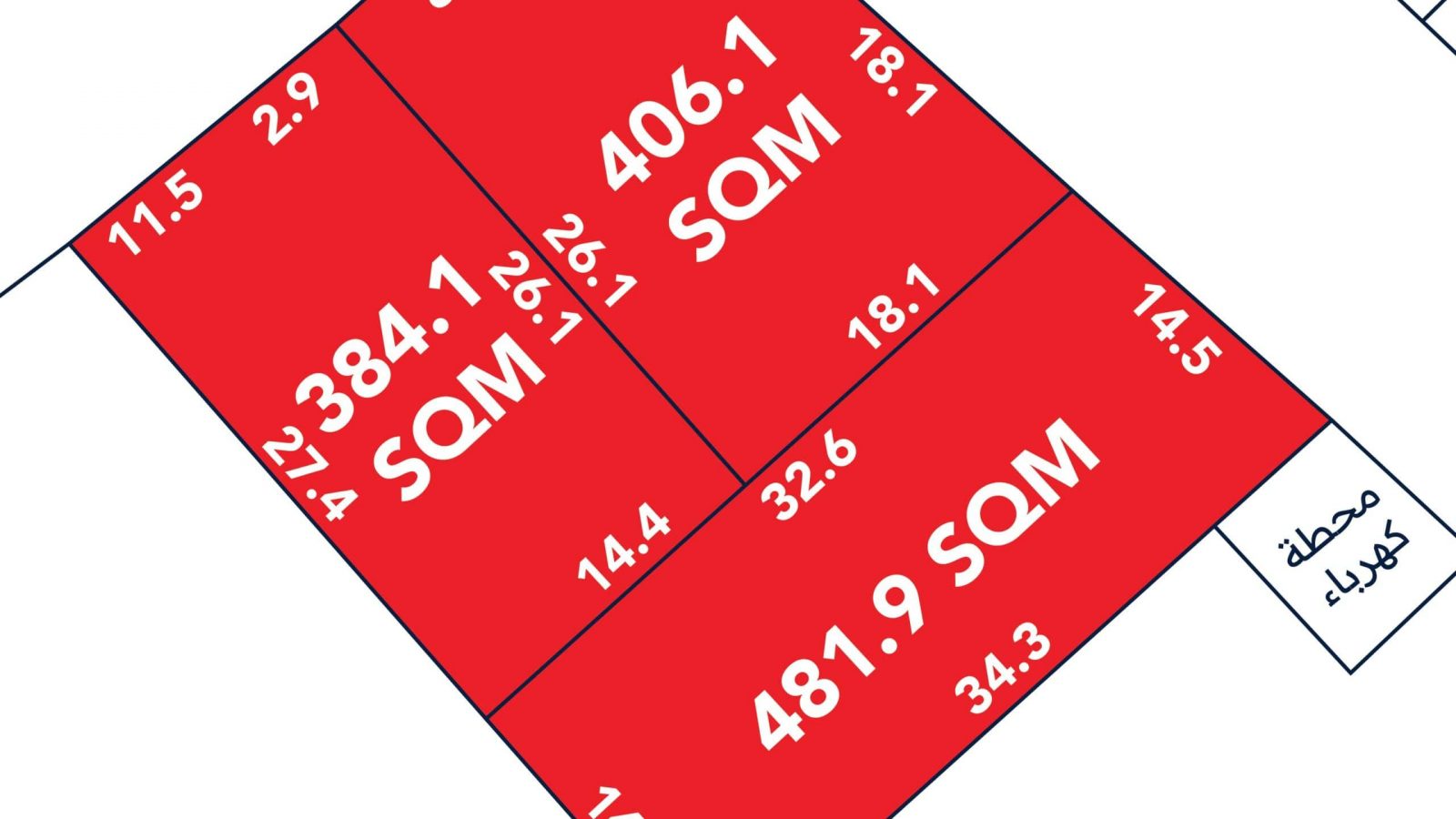 Diagram of a land plot divided into three sections labeled with areas: 384.1 SQM, 406.1 SQM, and 481.9 SQM. Measurements in meters are indicated around each section. Arabic text is present.