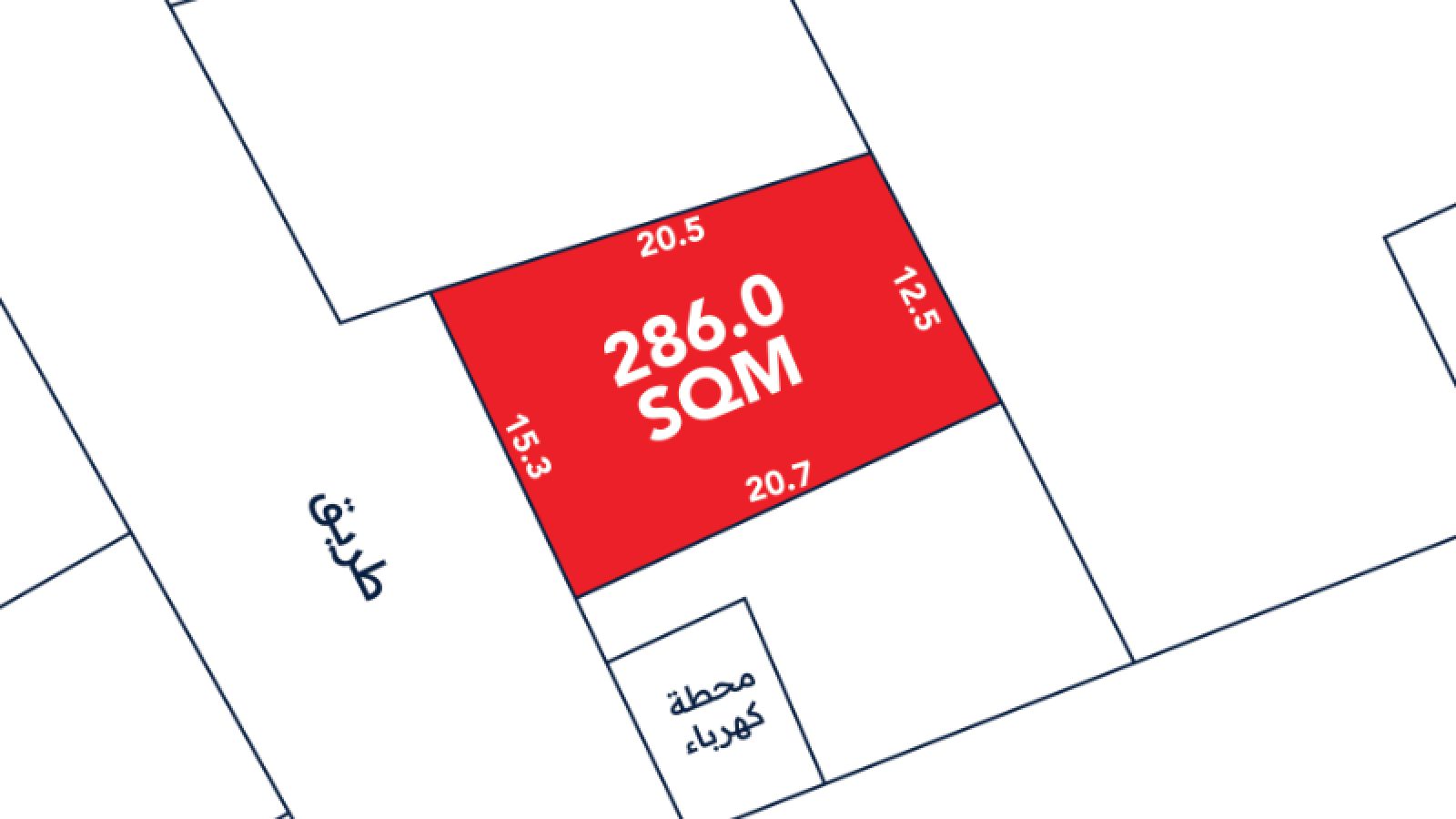A rectangular plot labeled 286.0 SQM is marked in red with dimensions on each side, adjacent to a street and an electricity station, with surrounding plots in white.
