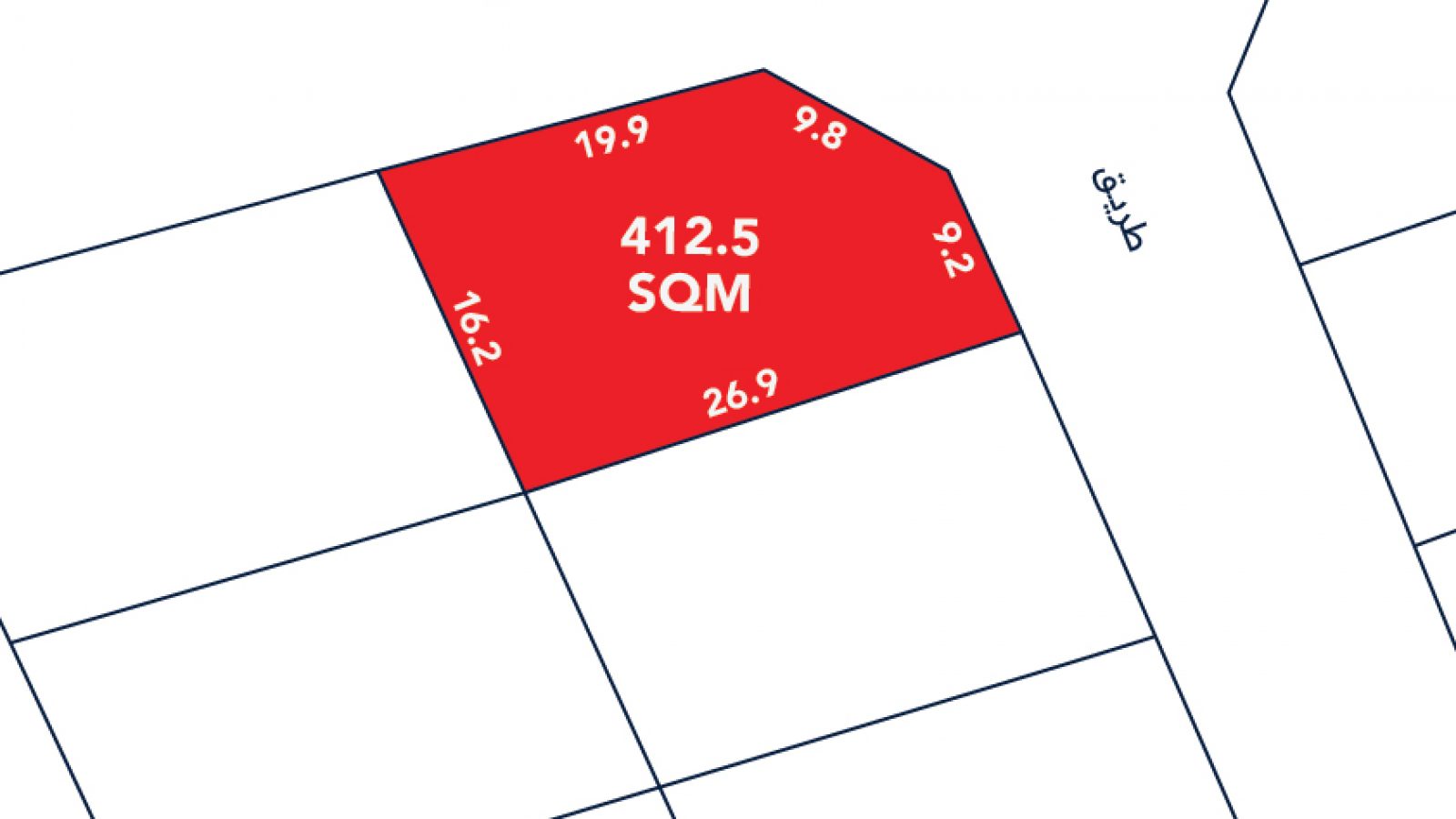 A red-highlighted plot of land labeled "412.5 SQM," with side lengths marked and bordered by streets on two sides in an outlined property map.