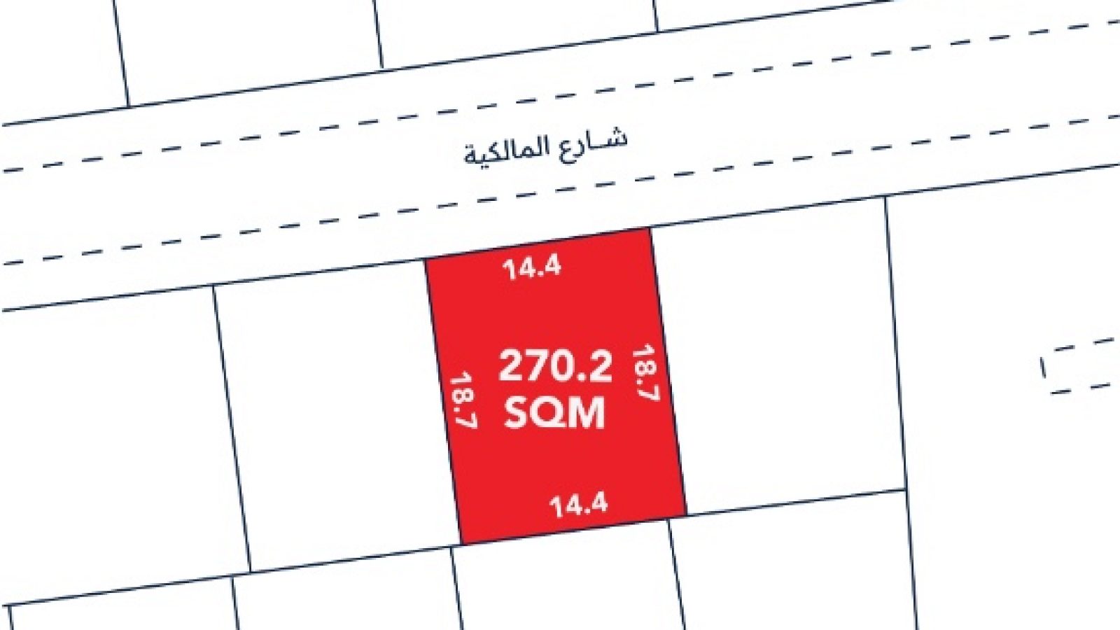 A plot map showing a red rectangular land parcel labeled "270.2 SQM," with dimensions 14.4m by 18.7m, adjacent to a street labeled in Arabic.