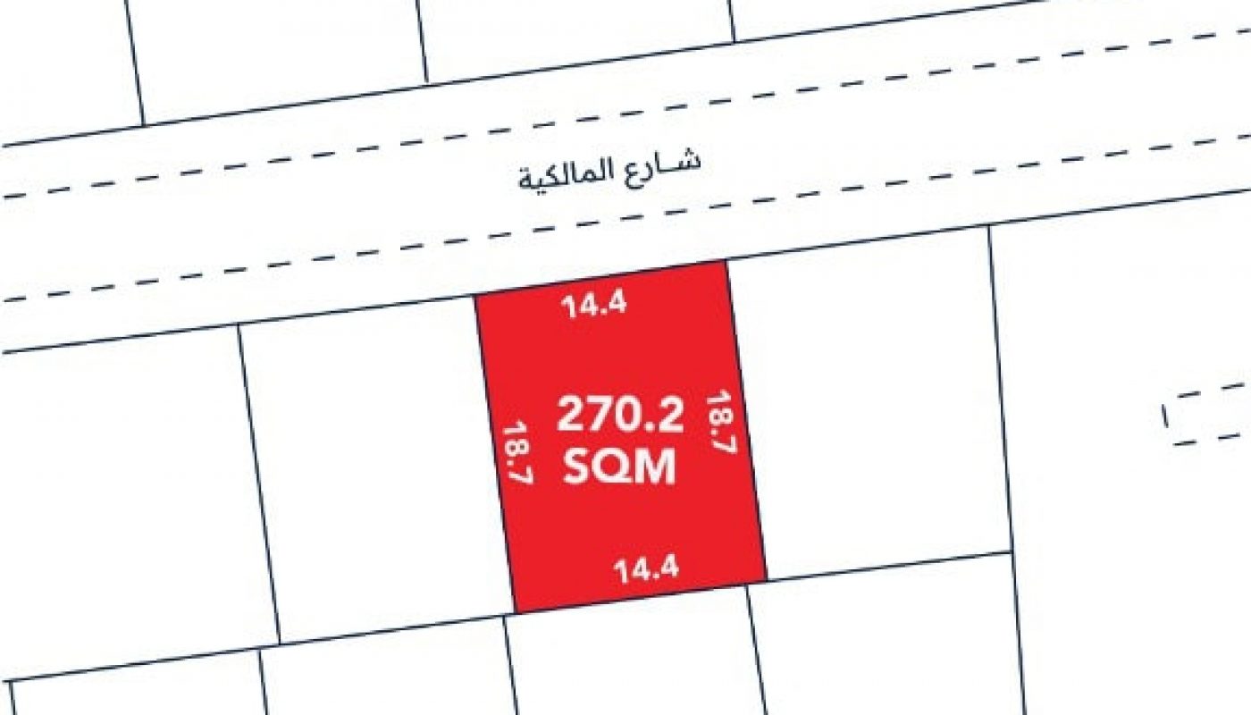A plot map showing a red rectangular land parcel labeled "270.2 SQM," with dimensions 14.4m by 18.7m, adjacent to a street labeled in Arabic.