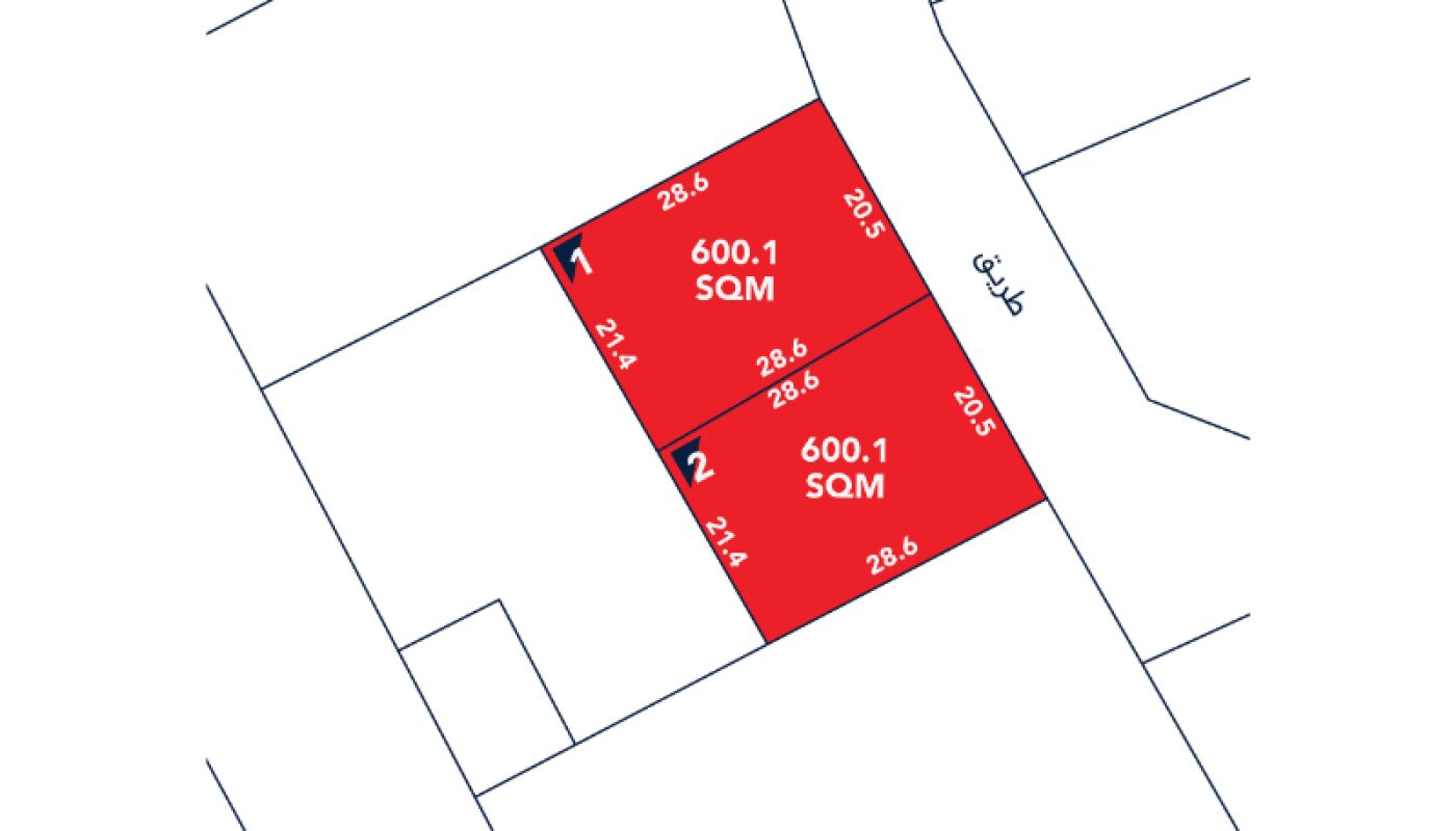A diagram shows two adjacent red lots labeled 1 and 2, each 600.1 SQM, with dimensions 21.4m by 28.6m and fronting a street on the right side.