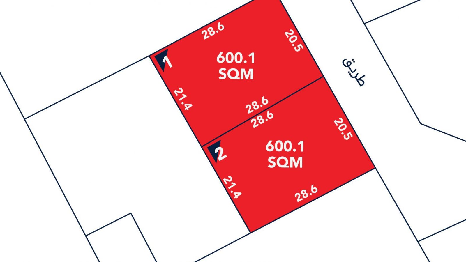 A map shows two adjacent red plots labeled 1 and 2, each 600.1 SQM, with boundary lengths marked in meters and a nearby street labeled in Arabic.