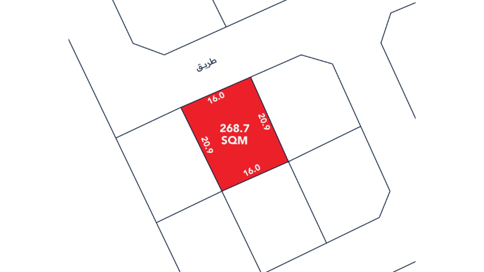 A map diagram showing a red rectangular plot labeled "268.7 SQM" with boundaries of 14.0m and 20.9m, positioned along a street labeled in Arabic.