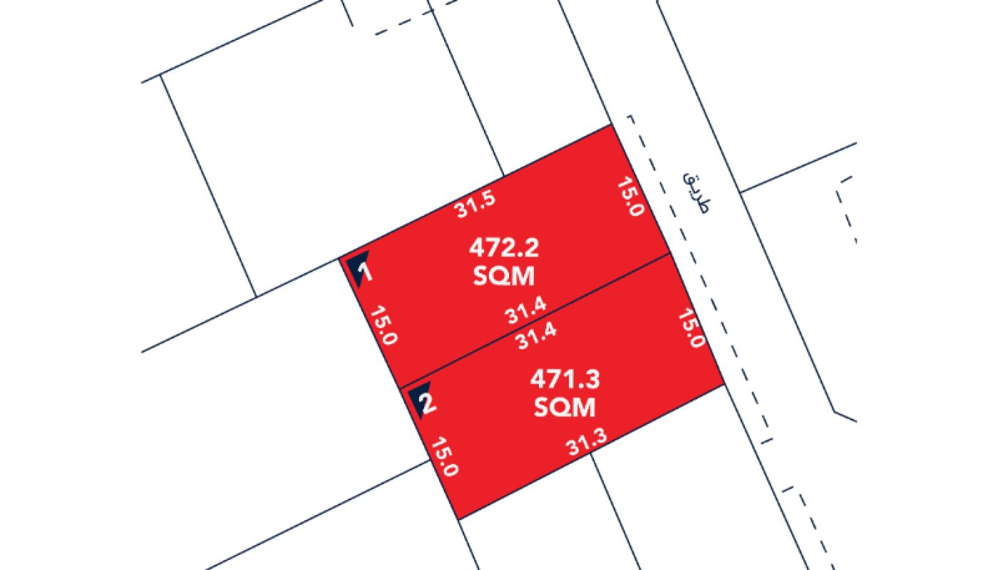 Map diagram showing two adjacent rectangular land plots labeled 1 and 2, each with area and dimensions marked; plot 1 is 472.2 sqm, plot 2 is 471.3 sqm.